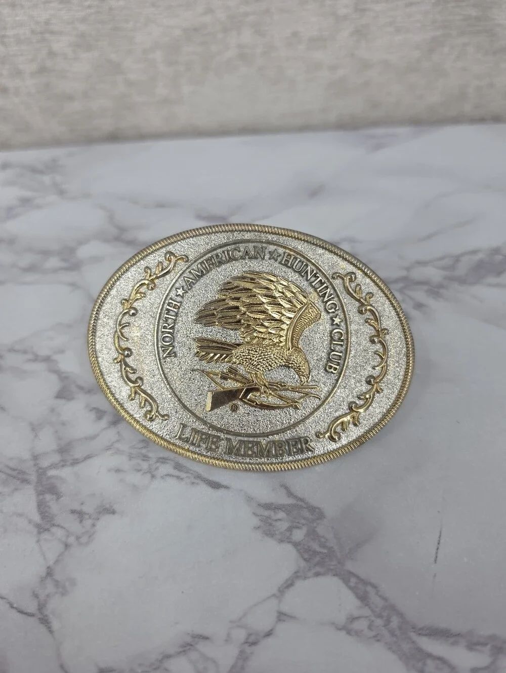 Vintage North American Hunting Club Life Member Oval Belt Buckle Gold Silver